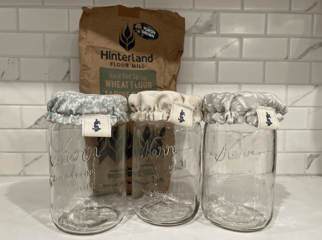hand made vintage fabric sourdough starter jar covers with elastic from wild bluebell homestead in fraser valley british columbia canada