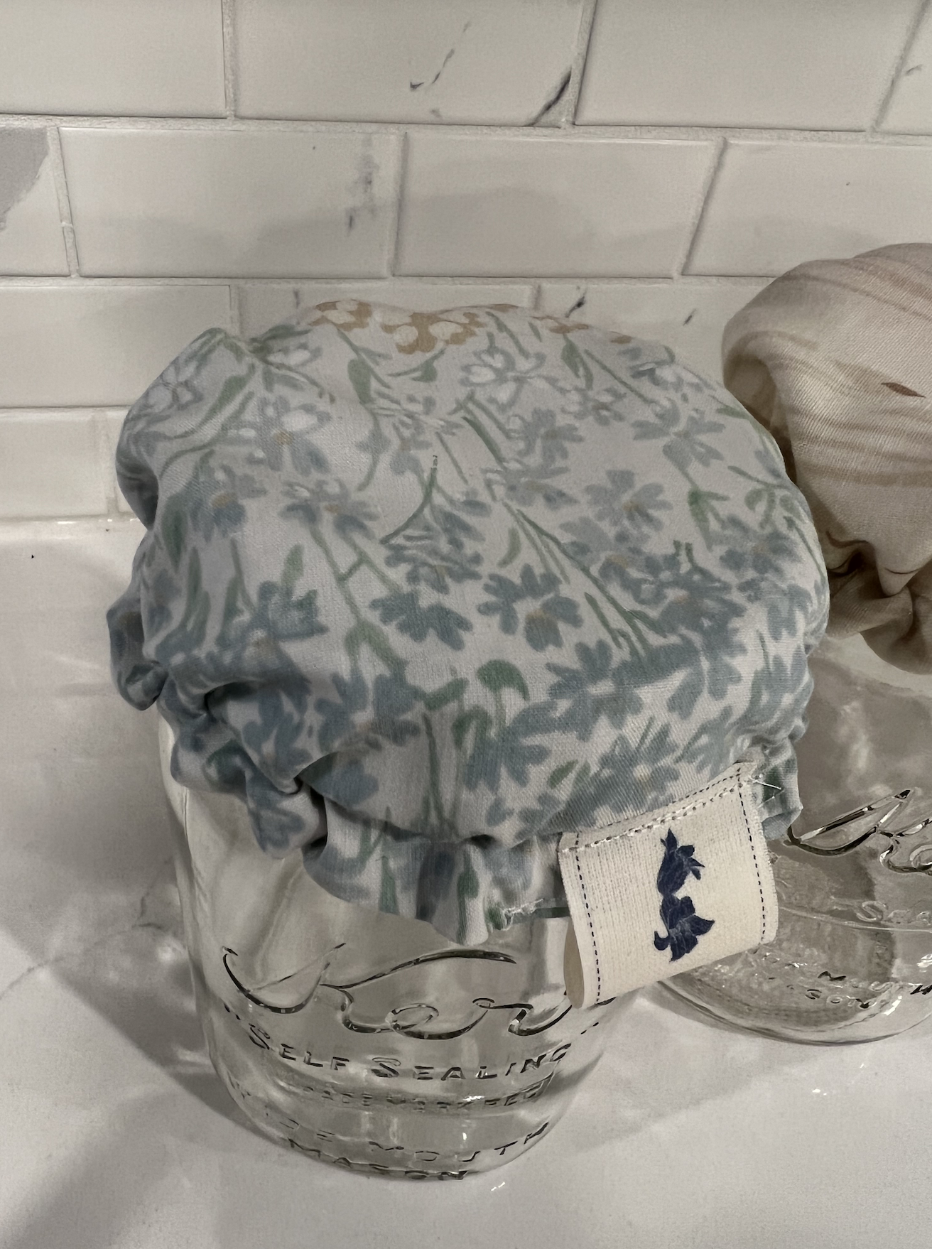 hand made vintage fabric sourdough starter jar covers with elastic from wild bluebell homestead in fraser valley british columbia canada 21874