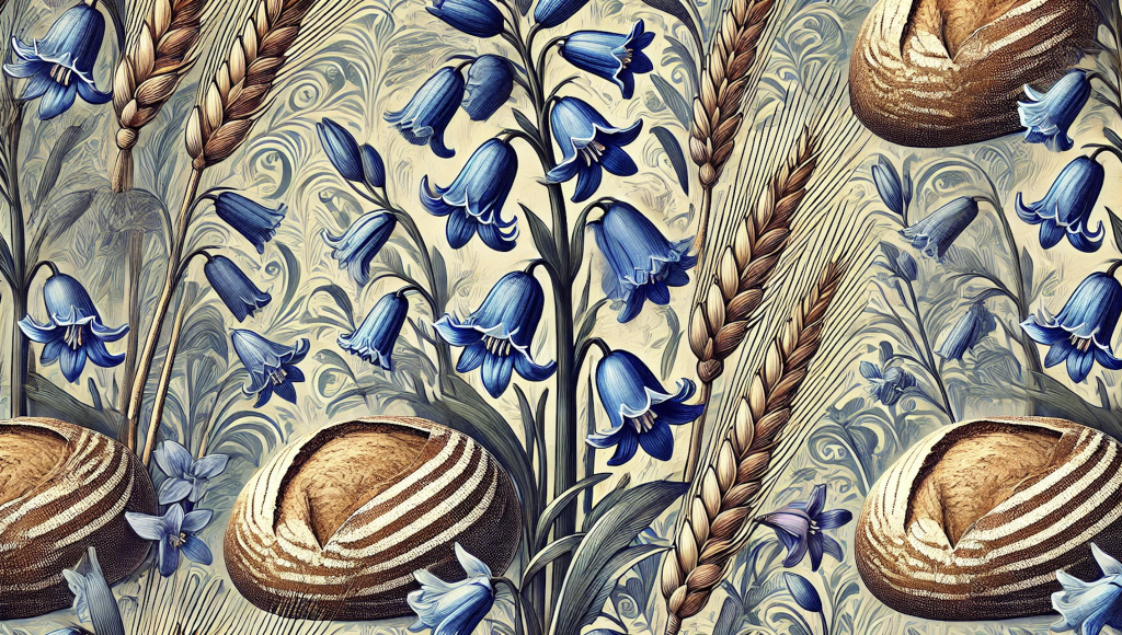 wild bluebell flower and sourdough bread vintage wallpaper pattern